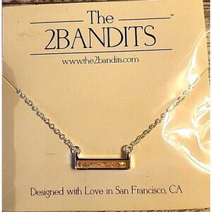 The 2Bandits Athens Iridescent Gold Bar Pendant Necklace NEW Silver Toned Chain